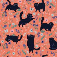 Seamless pattern with black cats and flowers. Vector graphics.