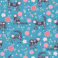 Seamless pattern with skeleton cats and flowers. Vector graphics.