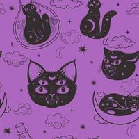 Esoteric seamless pattern with cats. Vector graphics.