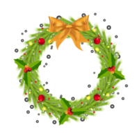 Christmas realistic wreath PNG image with decorative balls. Green wreath with red berries and golden ribbon. Christmas element design with a realistic green wreath on a transparent background.