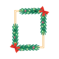 cadre de noël png avec des boules décoratives rouges et vertes. cadre de Noël avec ruban rouge. cadre photo doré réaliste avec lumières étoiles et boules de décoration sur fond transparent.