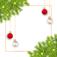 Christmas social media background with decoration balls and pine tree leaves. Realistic background PNG image with snowflakes. Christmas wreath design with calligraphy and lights.