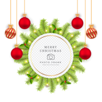 Christmas photo frame PNG with green leaf and decoration balls. Photo frame elements on a transparent background. Holiday photo frame design with red and golden balls, lights, and pine leaves.