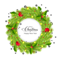 Christmas wreath PNG with red decoration balls. Green wreath with red berries and decoration elements. Christmas element design with a realistic green wreath on a transparent background.