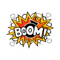 boom comico esplosione. vettore di esplosione comica con bolla di testo. cartone animato scoppiato con scritte colorate e nuvole. bolle di esplosione divertenti per cartoni animati con i colori rosso, bianco e giallo. boom comico. png