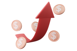 seta vermelha para cima e ícone financeiro de ilustração 3d de crescimento de moedas para o mercado de ações png