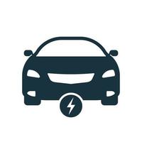 Eco Electro Car Black Silhouette Icon. Ecology Hybrid Vehicle Glyph Pictogram. Electric EV with Bolt Green Symbol. Electric Car with Lightning Sign. Electronic Automobile Logo. Vector Illustration.