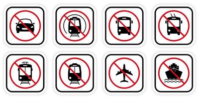 Forbidden Train, Trolley, Car, Motorcycle, Tram, Bicycle, Plane, Bus, Ship Black Silhouette Icon Set. Prohibited Transport Station Sign. Road Red Stop Circle Symbol. Isolated Vector Illustration.