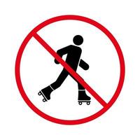 hombre en rollo símbolo de círculo de parada roja. prohibir la entrada en el icono de la silueta negra del patín de ruedas. no se permite la señal de patinaje. rodillo prohibido. precaución pictograma de patines prohibidos. ilustración vectorial aislada. vector