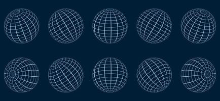 Globe Grid Sphere Set. 3D Wire Global Earth Latitude, Longitude. Geometric Grid Globe. Round Grid Mesh Ball. Wired Line 3D Planet Globe. Wireframe Globe Surface. Isolated Vector Illustration.