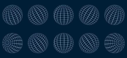 Globe Grid Sphere Set. 3D Wire Global Earth Latitude, Longitude. Geometric Grid Globe. Round Grid Mesh Ball. Wired Line 3D Planet Globe. Wireframe Globe Surface. Isolated Vector Illustration.