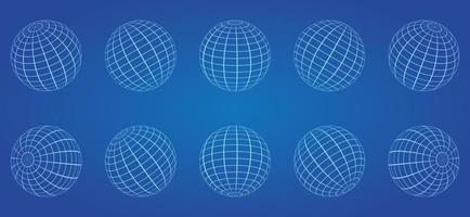 White Globe Grid Sphere Set on Blue Background. 3D Wire Global Earth Latitude, Longitude. Wired Line 3D Planet Globe. Geometric Round Grid Mesh Ball. Wireframe Globe Surface. Isolated Vector. vector