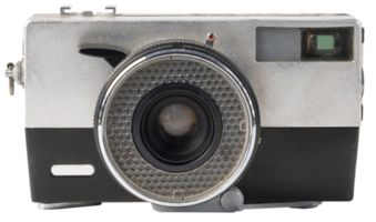 vista frontale della fotocamera a pellicola antica vecchia moda isolata su sfondo bianco.