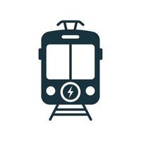 Stop Station Sign for Ecology Electrical Public Transport Black Icon. Electric Tram Silhouette Glyph Pictogram. Eco Streetcar in Front View Icon. Ecology Tramway Symbol. Isolated Vector Illustration.