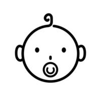 cara de bebé pequeño con icono de línea negra de chupete. pictograma de contorno de niño niña niño feliz. cuidar el símbolo plano del recién nacido. pequeño logo lineal de cabeza de bebé. concepto de familia. ilustración vectorial aislada. vector