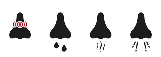 Nasal Sneeze Infection Black Silhouette Icon Set. Allergic Runny Nose Sick Virus Glyph Pictogram. Nasal Medical Respiratory Disease Flat Symbol. Nose Pain Illness Sign. Isolated Vector Illustration.