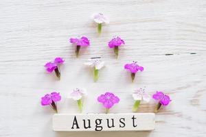 top view of wooden calendar with August sign and pink flowers. photo