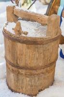 wooden barrel on artificial snow