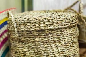 closeup of round wicker basket with lid photo