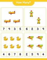 Counting game, how many Plane, Rocket, Rubber Duck, and Water Gun. Educational children game, printable worksheet, vector illustration