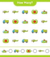 Counting game, how many Lorry, Plane, Submarine, and Pacifier. Educational children game, printable worksheet, vector illustration