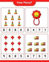 Counting game, how many Pyramid Toy, Baby Rattle, Kite, and Train. Educational children game, printable worksheet, vector illustration