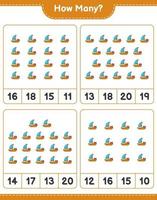 juego de conteo, cuántos botes. juego educativo para niños, hoja de cálculo imprimible, ilustración vectorial vector