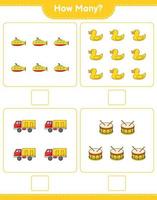 Counting game, how many Submarine, Rubber Duck, Lorry, and Drum. Educational children game, printable worksheet, vector illustration