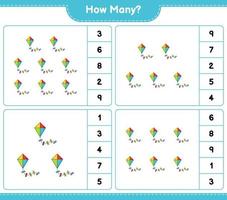 Counting game, how many Kite. Educational children game, printable worksheet, vector illustration