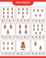 juego de conteo, cuántos personajes de robot. juego educativo para niños, hoja de cálculo imprimible, ilustración vectorial vector