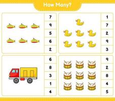 Counting game, how many Submarine, Rubber Duck, Lorry, and Drum. Educational children game, printable worksheet, vector illustration