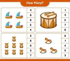 Counting game, how many Boat, Drum, Teddy Bear, and Rocking Horse. Educational children game, printable worksheet, vector illustration