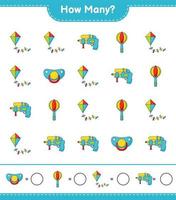 Counting game, how many Kite, Water Gun, Baby Rattle, and Pacifier. Educational children game, printable worksheet, vector illustration