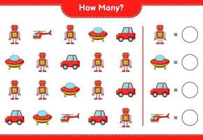 Counting game, how many Helicopter, Ufo, Robot, and Car. Educational children game, printable worksheet, vector illustration