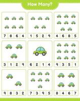 juego de conteo, cuántos autos. juego educativo para niños, hoja de cálculo imprimible, ilustración vectorial vector