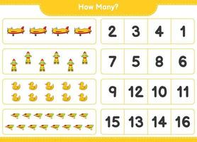 Counting game, how many Plane, Rocket, Rubber Duck, and Water Gun. Educational children game, printable worksheet, vector illustration