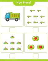 Counting game, how many Lorry, Plane, Submarine, and Pacifier. Educational children game, printable worksheet, vector illustration