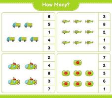 Counting game, how many Lorry, Plane, Submarine, and Pacifier. Educational children game, printable worksheet, vector illustration