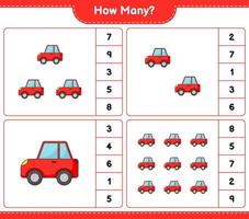 Counting game, how many Car. Educational children game, printable worksheet, vector illustration