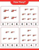 juego de conteo, cuántos helicópteros. juego educativo para niños, hoja de cálculo imprimible, ilustración vectorial vector