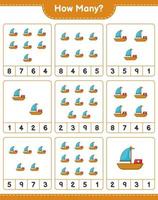 juego de conteo, cuántos botes. juego educativo para niños, hoja de cálculo imprimible, ilustración vectorial vector