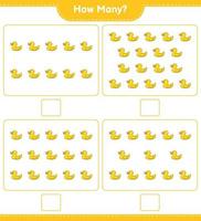 Counting game, how many Rubber Duck. Educational children game, printable worksheet, vector illustration