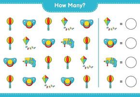 Counting game, how many Kite, Water Gun, Baby Rattle, and Pacifier. Educational children game, printable worksheet, vector illustration