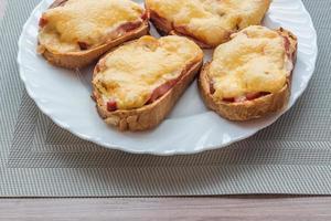 close-up of baked hot sandwiches with cheese and sausage on white plate photo