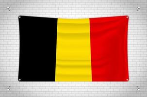 Belgium flag hanging on brick wall. 3D drawing. Flag attached to the wall. Neatly drawing in groups on separate layers for easy editing. vector