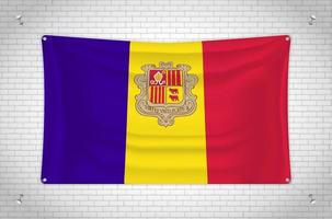 bandera de andorra colgada en la pared de ladrillo. dibujo 3d bandera pegada a la pared. dibujar cuidadosamente en grupos en capas separadas para facilitar la edición. vector