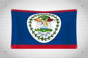 Belize flag hanging on brick wall. 3D drawing. Flag attached to the wall. Neatly drawing in groups on separate layers for easy editing.