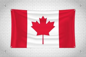 bandera de canadá colgada en la pared de ladrillo. dibujo 3d bandera pegada a la pared. dibujar cuidadosamente en grupos en capas separadas para facilitar la edición. vector