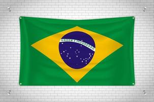 Brazil flag hanging on brick wall. 3D drawing. Flag attached to the wall. Neatly drawing in groups on separate layers for easy editing. vector