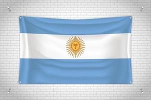 bandera argentina colgada en la pared de ladrillo. dibujo 3d bandera pegada a la pared. dibujando cuidadosamente en grupos en capas separadas para facilitar la edición. vector